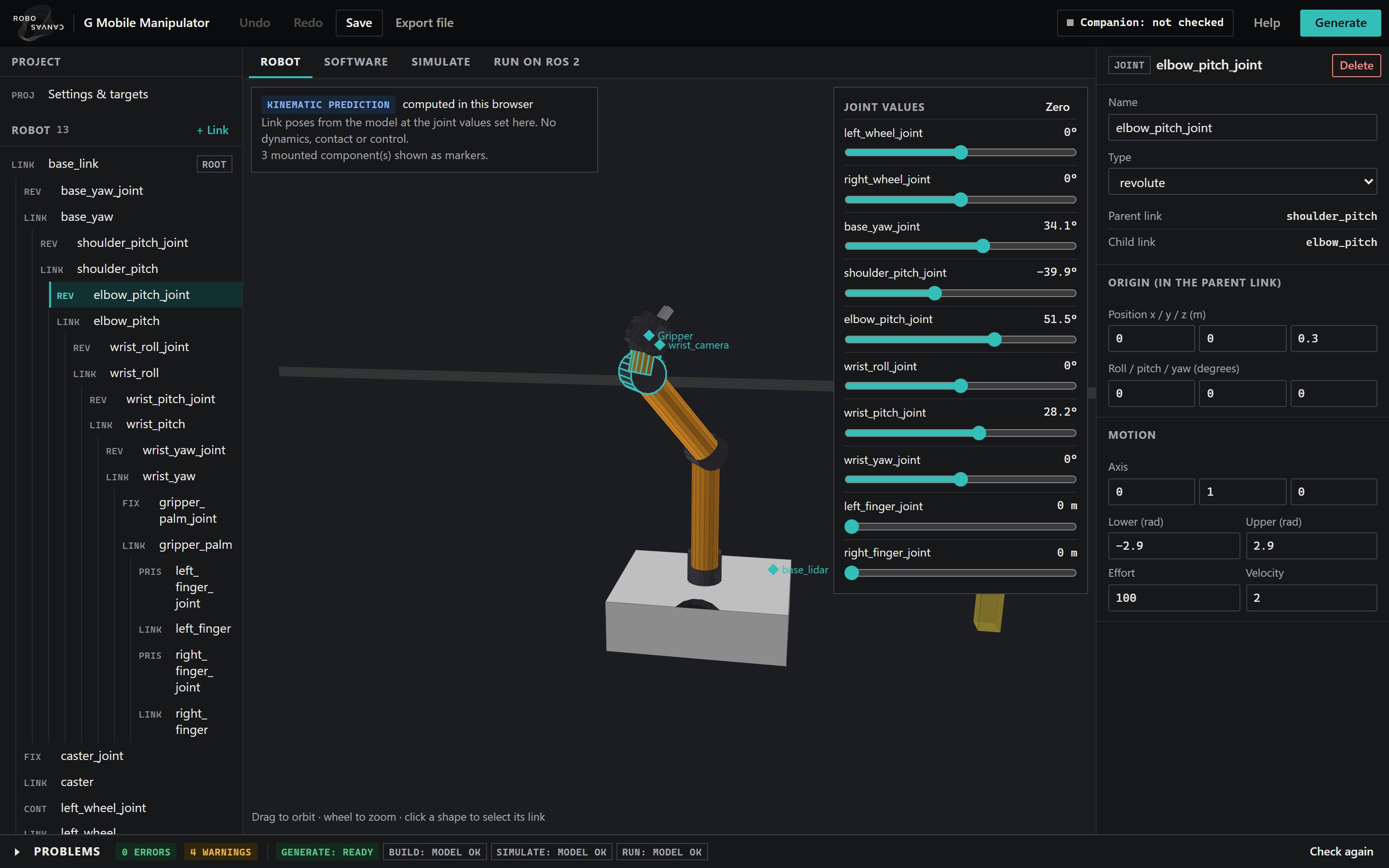 The RoboCanvas editor in its dark theme: the link tree on the left, a mobile manipulator with its arm raised in the 3D view, joint sliders, and the elbow joint's type, origin, axis and limits in the inspector.